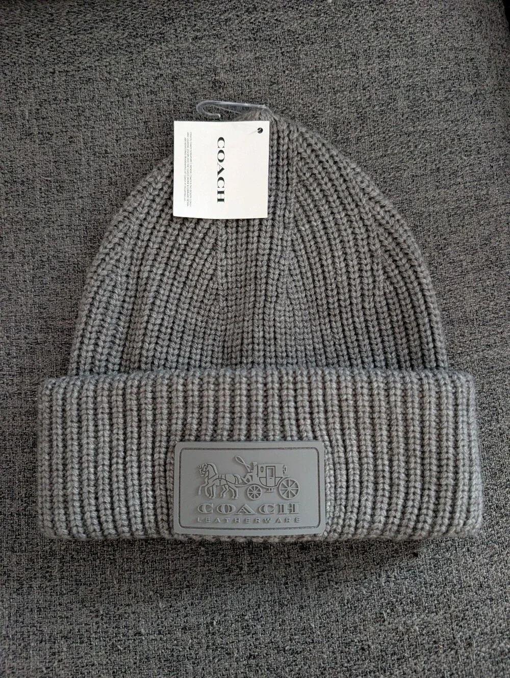 Coach Gray Ribbed Knit Beanie with Logo Patch